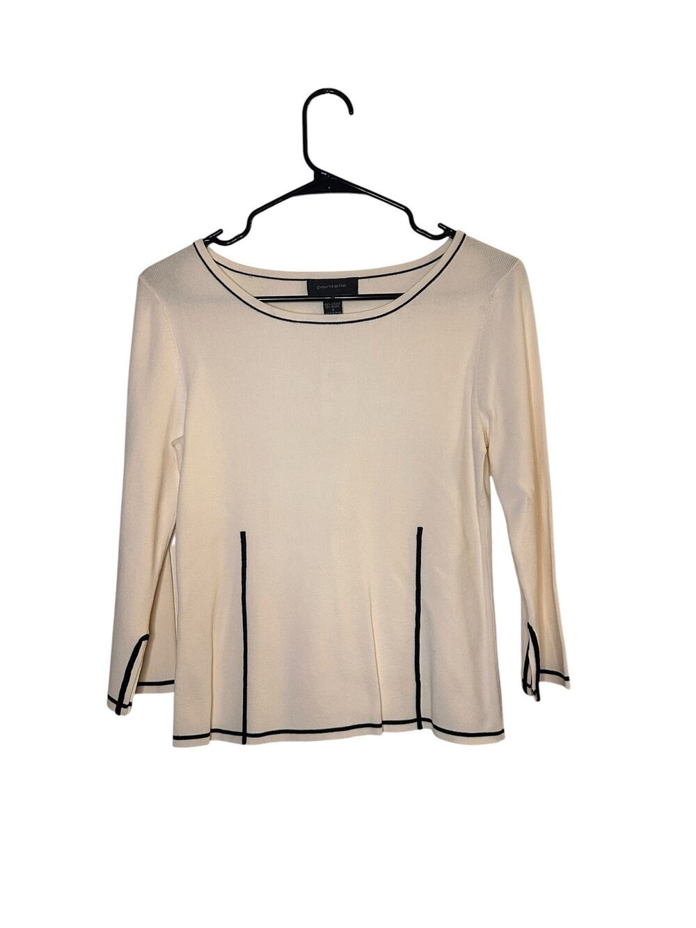 Pointelle White Black Trim Long Sleeve Dressy Formal Blouse Women Sz S